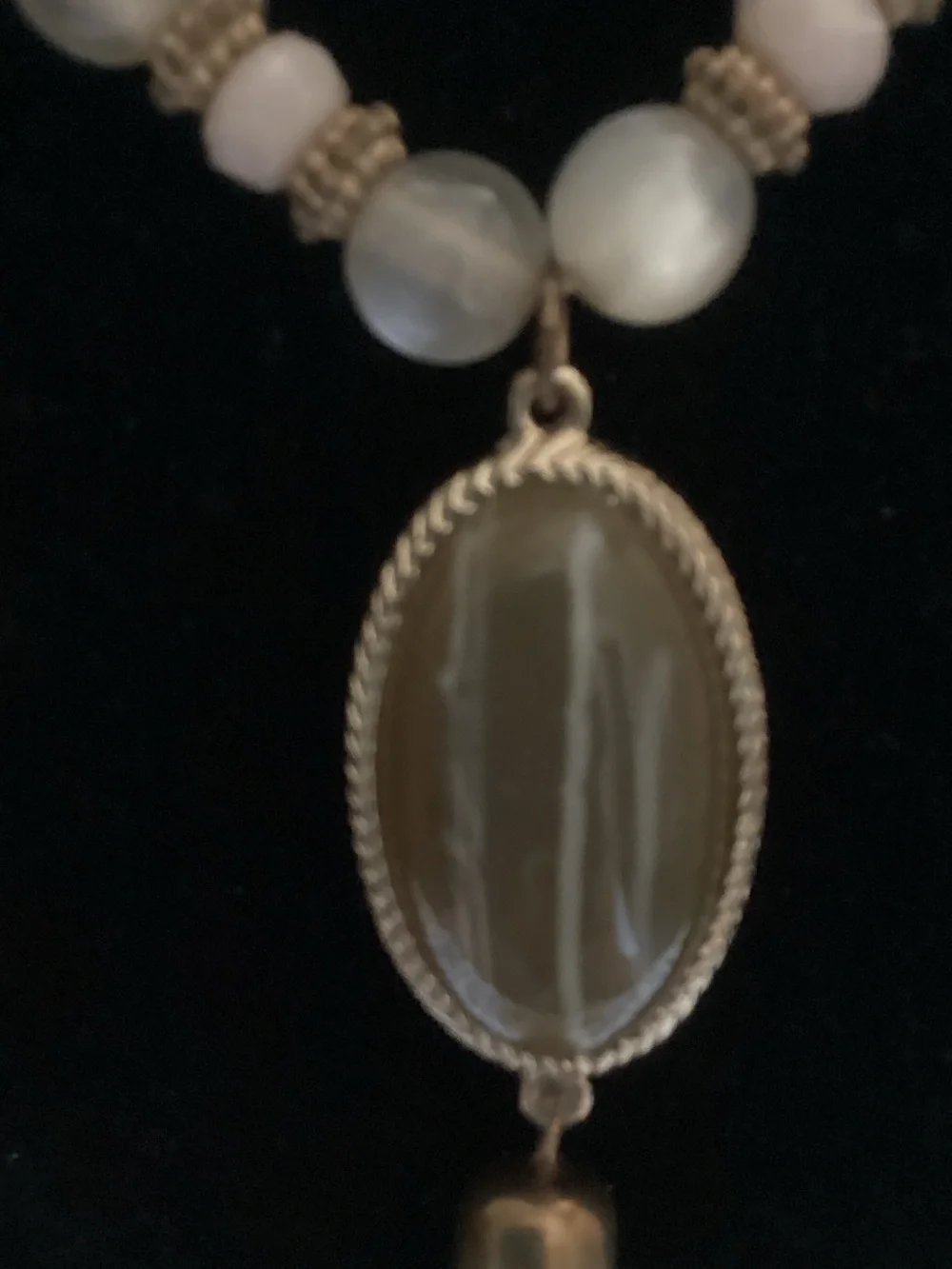 Gold-Tone Beaded Necklace with Cream Beads & Tassel